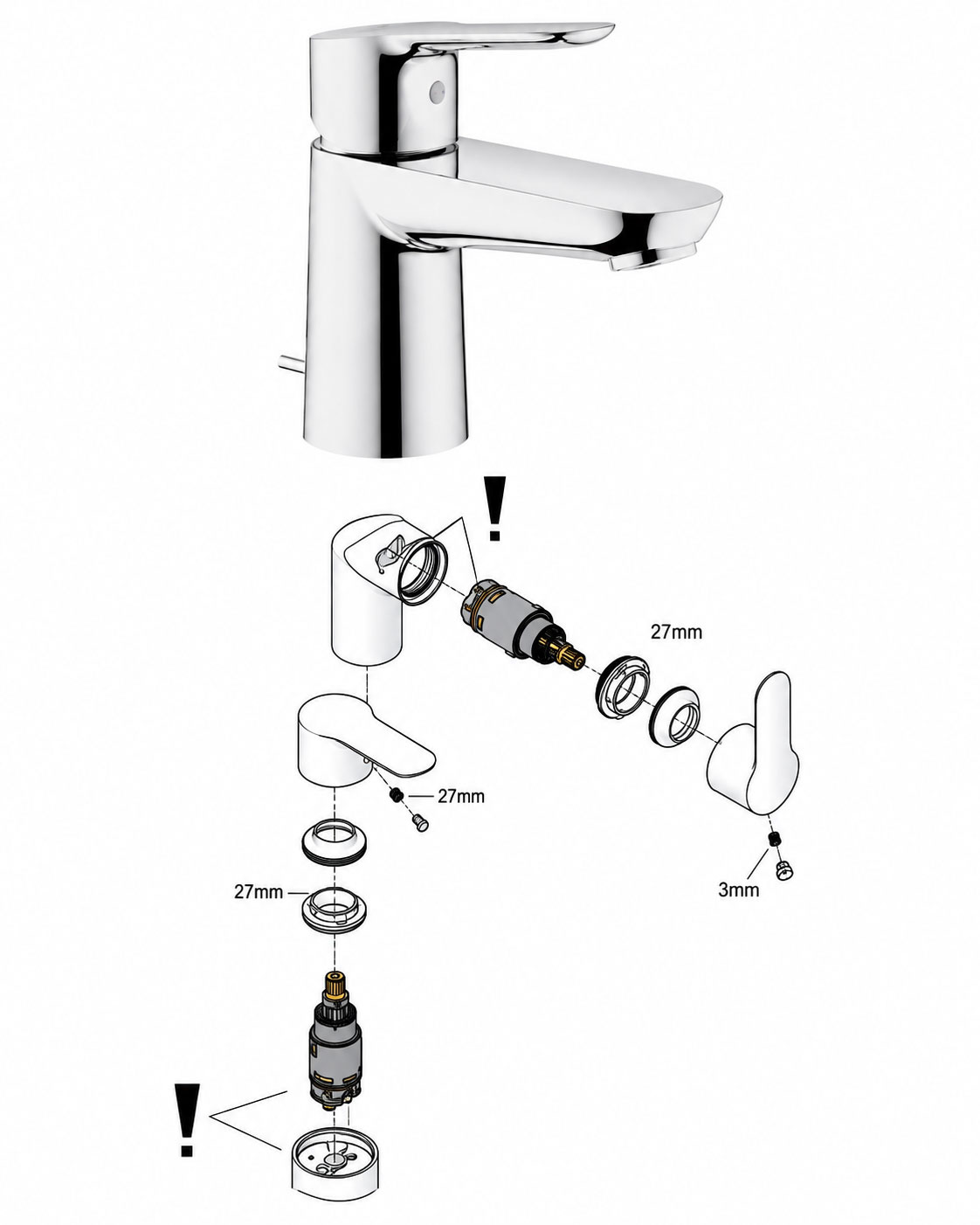 Μπαταρία GROHE με διάγραμμα εξαρτημάτων για την ταυτοποίηση της σωστής κεραμικής κασέτας