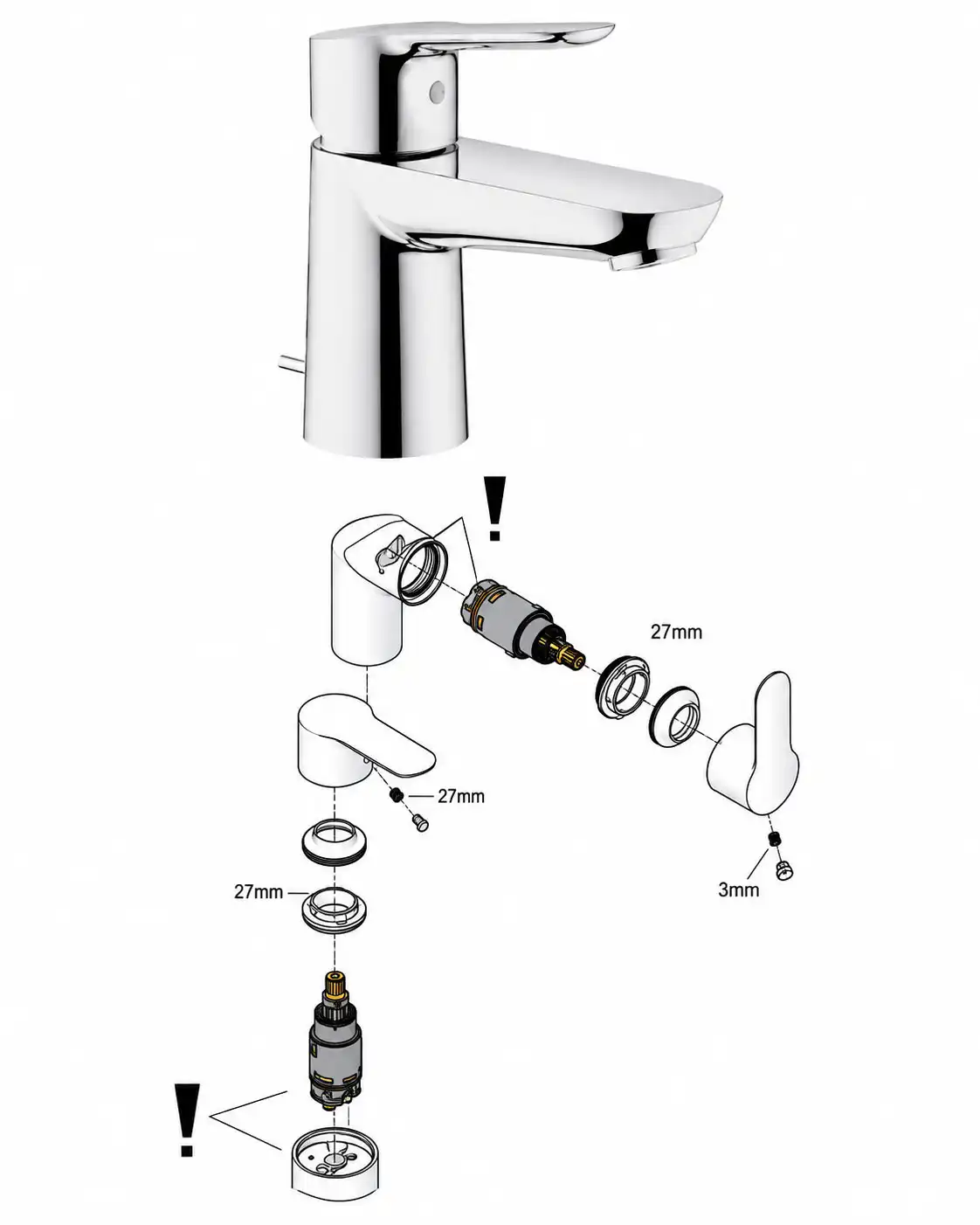 Μπαταρία GROHE με διάγραμμα εξαρτημάτων για την ταυτοποίηση της σωστής κεραμικής κασέτας